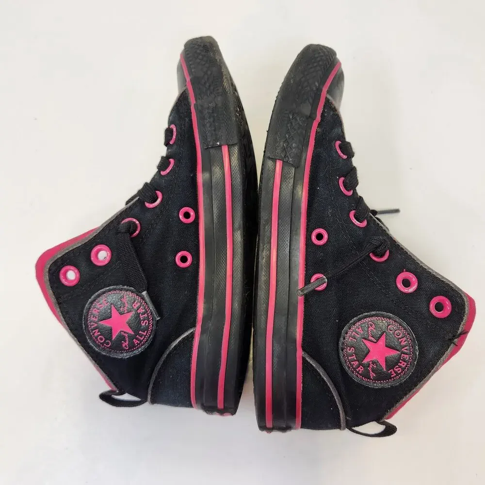 Converse All Star Girls Junior Black Hot Pink Mid Top Sneakers Size 2 Lace Up